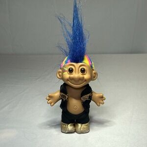 Vintage Russ Troll Doll Rock Star Blue Mohawk Hair Gold Shoes 1990s